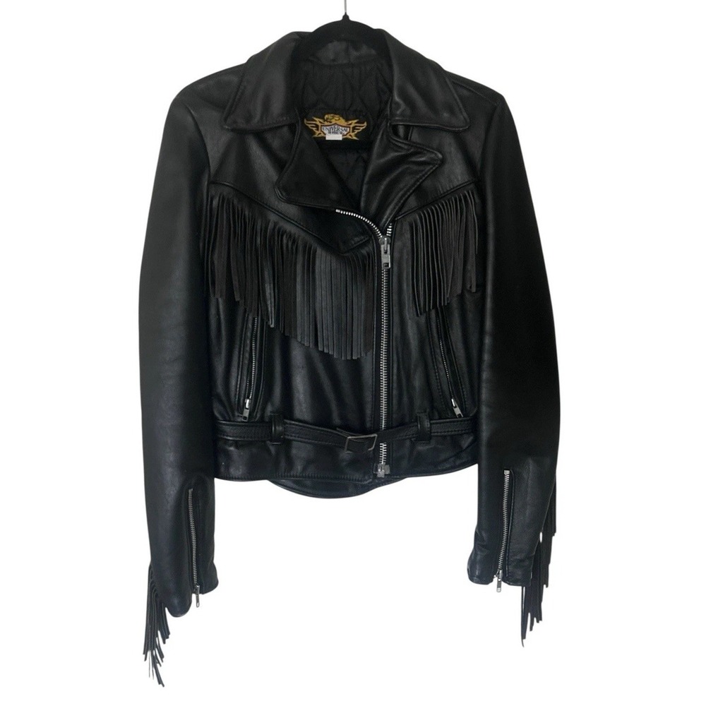 Vintage Universal Rider Motorcycle Leather Jacket Size 10 Black Fringe‎ Moto